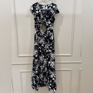 Whimsygoth Black and White Floral backless Maxi dress with cut out